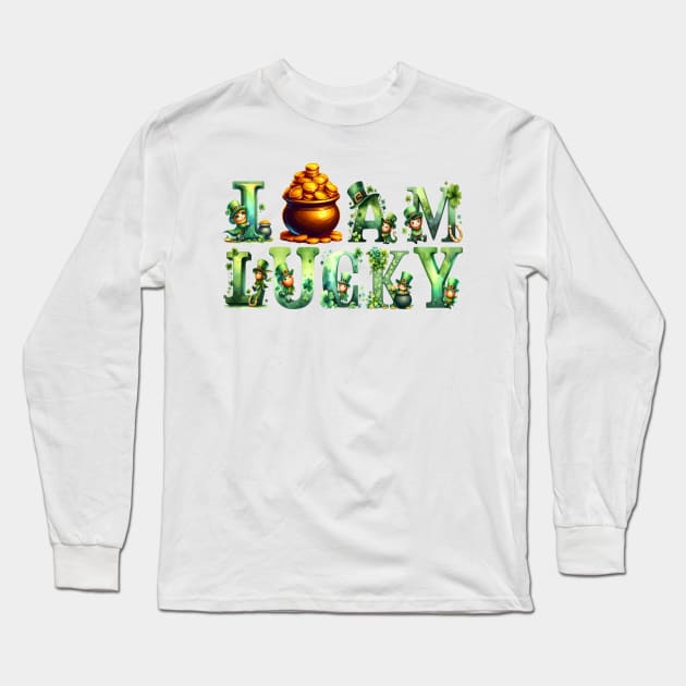 I am lucky watercolor pretty Leprechaun Pot Of Golden coins cute alphabet Irish Cultural St Patrick's Day Shamrock 4 leaf clover green letter Long Sleeve T-Shirt by First Phenixs